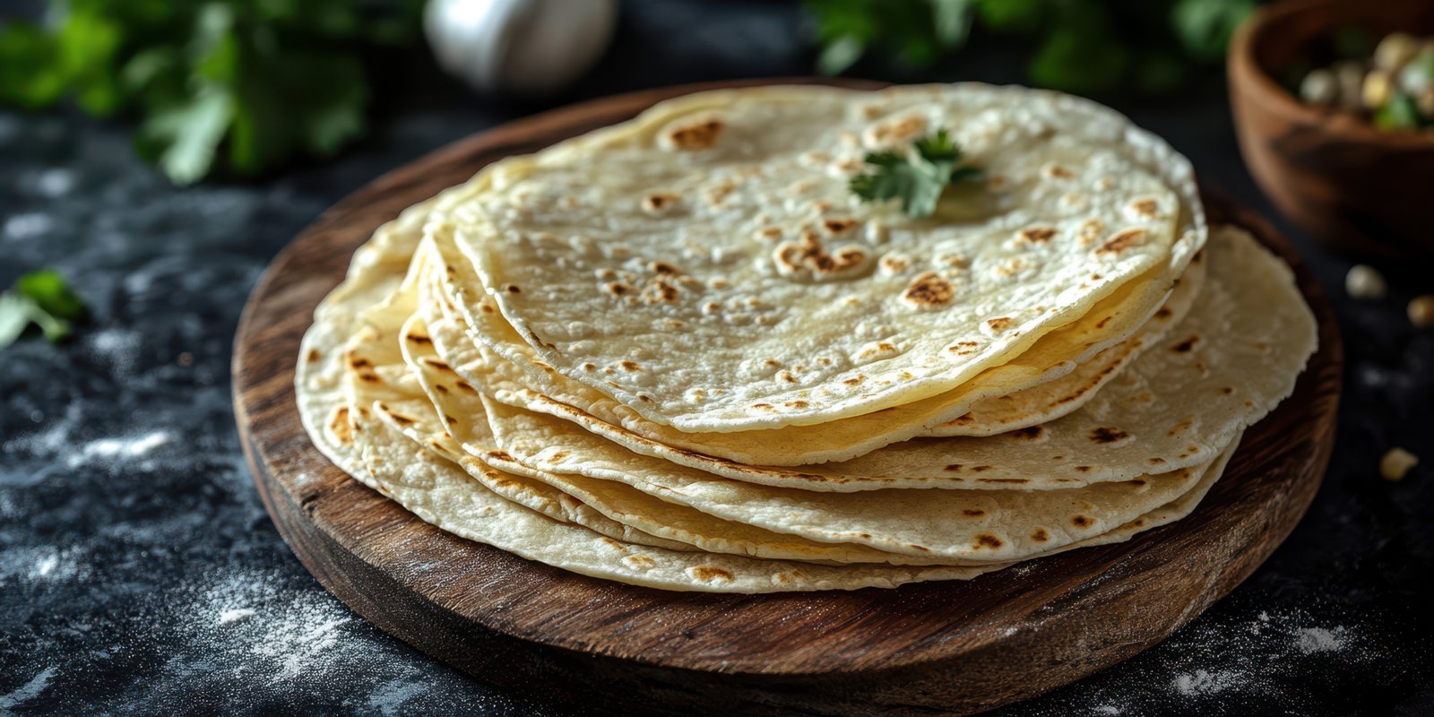 Freshly made tortillas stacked on a wooden board with herbs in the background